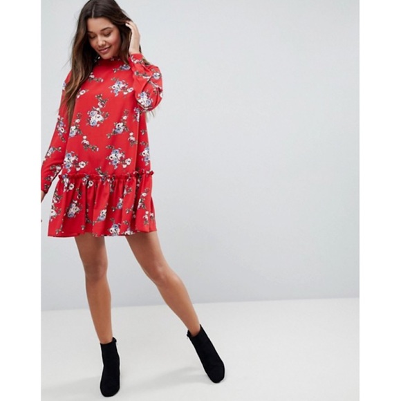 ASOS Petite Dresses & Skirts - ASOS NWT Red Floral Smock Mini Dress With Pep Hem
